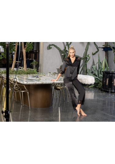 Laperissa Kadın Siyah Saten Düğmeli Pijama Takımı Dantel Detaylı, Şık Ve Rahat 2 Li Set Siyah