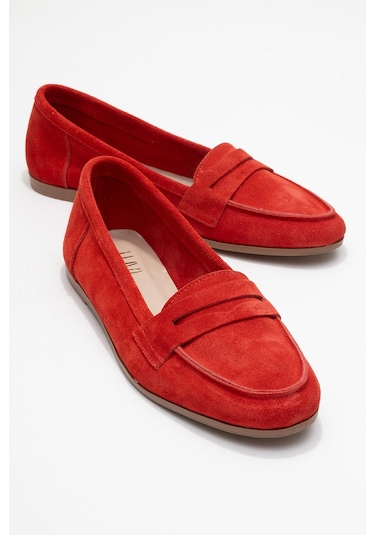 F02 Kırmızı Süet Hakiki Deri Kadın Loafer Ayakkabı Kırmızı
