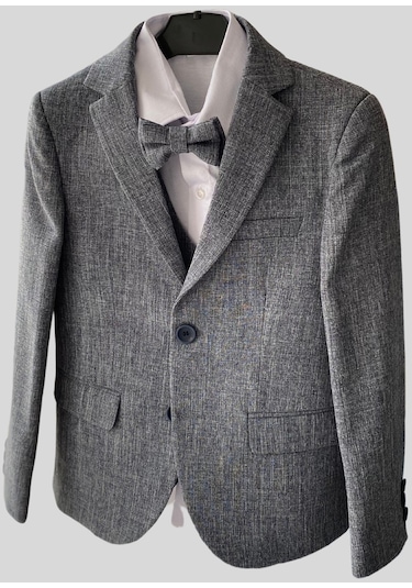 Ceketli Yelekli Papyonlu Erkek Çocuk Takım Elbise Gri