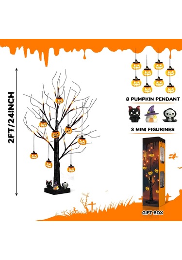 Cadılar Bayramı Ev Dekorasyonu, 24 Turuncu Işık Ve 8 Balkabağı Süsüyle 2 Ft Cadılar Bayramı Ağacı, Işıklı Cadılar Bayramı Süslemeleri Siyah Ağaç Çok Renkli