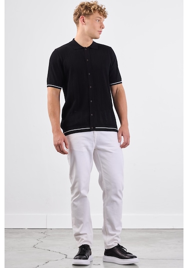 Dufy Siyah Polo Düğmeli Fitilli Kısa Kollu Slim Fit Erkek Triko Siyah