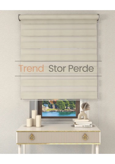 Geniş Plise Krem Etek Dilimsiz Zebra Stor Güneşlik Perde Krem