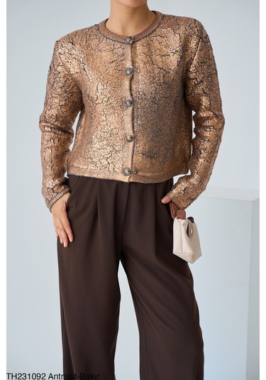 Yeni Sezon Antrasit Bakır Renk Varak Baskılı Hırka Antrasit Bakır