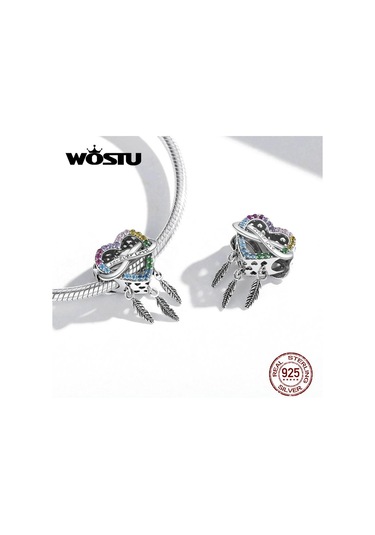 Wostu Açacağı Renkli Rhinestones Kalp Şeklinde Dreamcatcher 925 Ayar Gümüş Göz Alıcı Boncuk Fit Orijinal Bilezik Bileklik Dıy Güzel Takı Gümüş