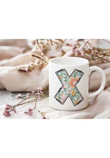X Harfli Pastel Çiçek Desenli Kahve Kupası - Kişiye Özel Çiçekler Koleksiyonu Bardak - Hediye Beyaz