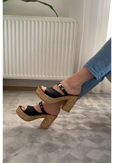 Asmi Shoes Kadın Tena Mantar Taban Platform Topuklu Terlik 10 Cm Snd456 Siyah Siyah