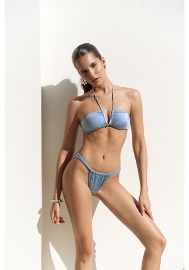 Bunga Büzgü Detay Kalın Bantlı Mavi Bikini Altı Mavi