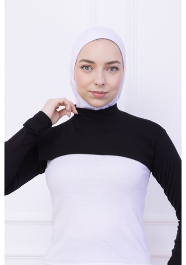Balıkçı Yaka Boyunluklu Kolluk Siyah - Likralı Dik Yakalı Kadın Body Tesettür Crop Bolero Siyah