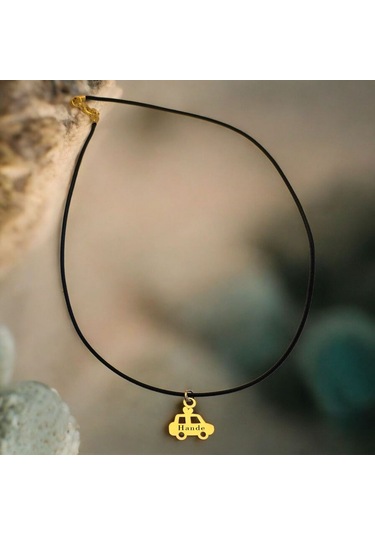 Hande İsmine Özel Siyah Bağlıklı Araba Figürlü 14 Ayar Altın Plakalı Hediyelik Kolye-630isim Hande