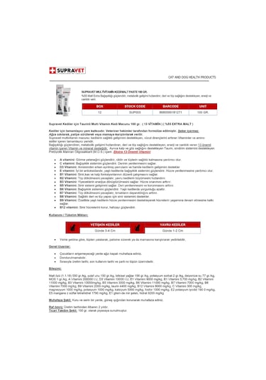 Supravet Kediler İçin Taurinli Multi Vitamin Kedi Macunu 100 G