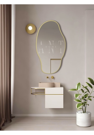 Asimetrik Ayna, Konsol Aynası, Dresuar Aynası, Tuvalet Aynası, Şişecam Ayna 90x50cm 90 X 50 Gold