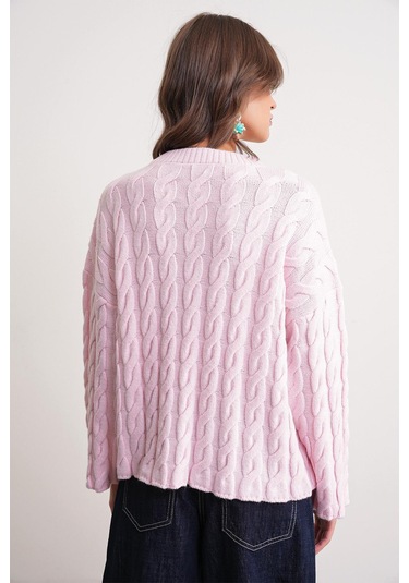 6973 Kadın Saç Örgülü Regular Basic Triko Kazak Pembe Pembe