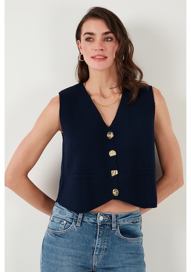 Lela Standart Fit V Yaka Düğmeli Triko Bayan Yelek 4616177 Lacivert