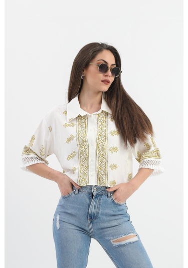 Antik Desenli Kolları Püsküllü Gömlek - Haki-haki Haki