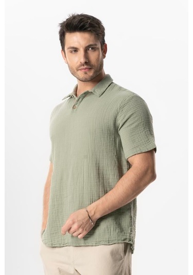 Kısa Kol Polo Yaka Müslin Yazlık Tshirt Yağ Yeşili Ygysl Yağ Yeşili