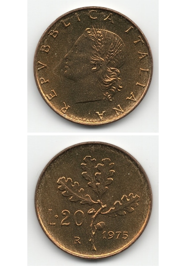 Italya. 20 Lire 1975. Çil Eski Madeni Para
