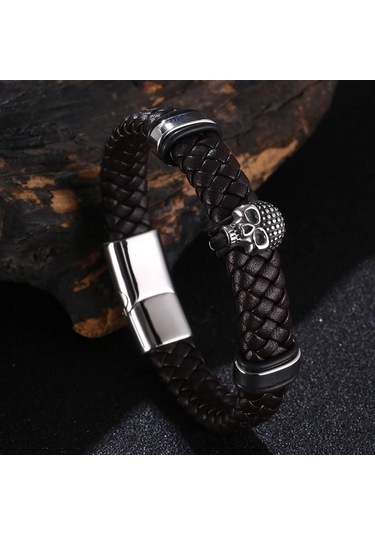 Erkek Örgülü Deri Kurukafa Bileklik Paslanmaz Çelik Erkek Bilezikleri Parti Takıları Hediye Punk Bileklik Kahverengi