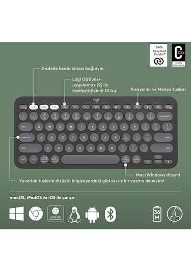 Logitech Pebble Keys 2 K380S 920-011859 Kablosuz Klavye