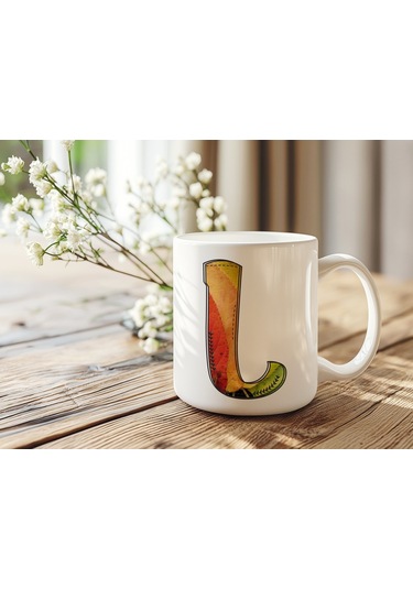 L Harf Yaprak Renkleri İle Kupa Bardak - Kişiye Özel Alfabe Harfli Bardak - Hediye Beyaz