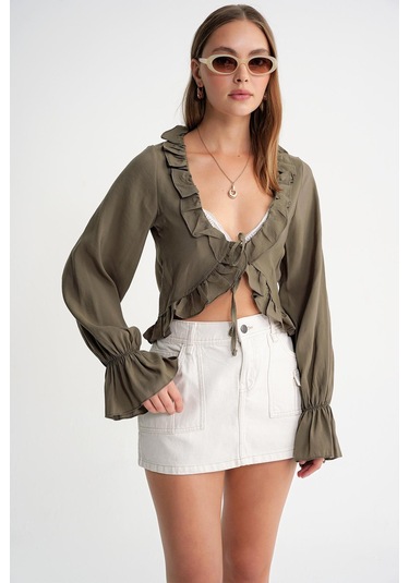 4712 Kadın Volanlı Modal Bolero Bluz Haki Haki