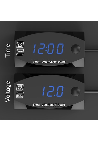 Motosiklet Çok Fonksiyonlu 2'si 1 Arada Dijital Ekran Voltmetre + Elektronik Saat, 6-30v Ip67 Açık Mavi