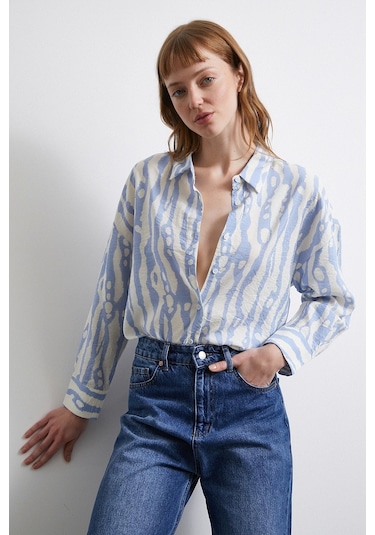 Zebra Desen Modal Gömlek Mavi Mavi