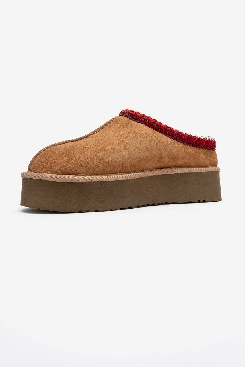 Avelıa Taba Süet Hakiki Deri Dikişli Kadın Kalın Tabanlı Kışlık Terlik Taba