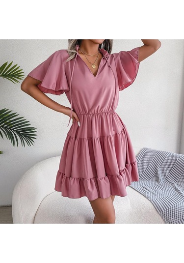 Gmxıa Kadın Modası Düz Renk Baskılı Yaz Bahar Kısa Kollu V Yaka Bol Günlük Elbiseler Mavi