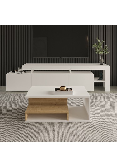 Vera Mini Orta Sehpa Modern Tasarım, Fonksiyonel Raflı Yap Beyaz/safir Meşe