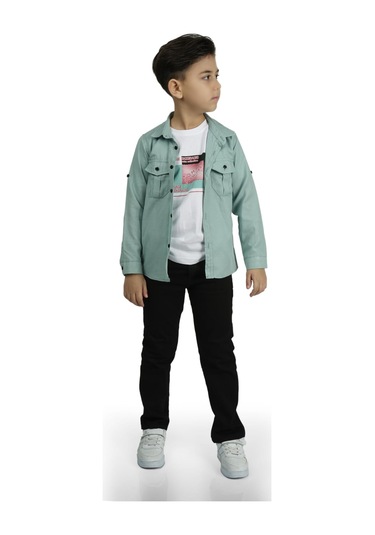 Gömlek , Pantolon , T-shirt 3parça Erkek Çocuk Takım Mnk1754 Yeşil