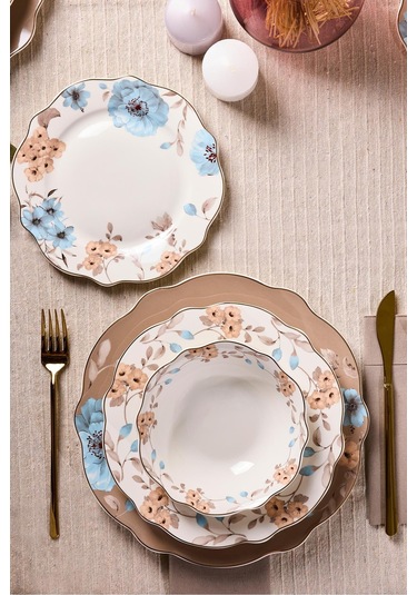 Porselen Flore Bone 24 Parça 6 Kişilik Yemek Takımı Desenlı Desenli