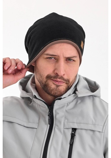 Erkek Siyah Polar Dış, Kahve Pamuklu Iç Kısım, Çift Renk Çift Katmanlı Katlanabilir Yumuşak Bere - Standart / Siyah-kahverengi Siyah-kahverengi