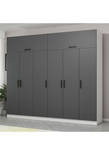 Minar Kale 6 Kapaklı 2 Çekmeceli Dolap Ve Yüklük Beyaz Antrasit 255cm