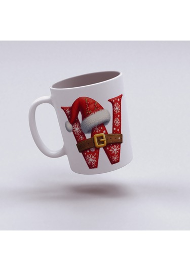 W Harfi Yılbaşı Temalı Bardak 330 Ml Harfli Kişiye Özel Hediye - Yeniyıl / Noel Şapka Tasarım Beyaz