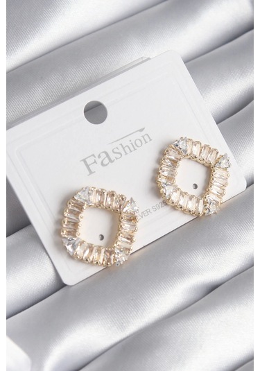 Pirinç Gümüş Renk Zirkon Taşlı Kare Model Kadın Küpe Çok Renkli