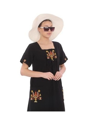 Yarım Kol Yuvarlak Yaka İşlemeli Keten Elbise-9166 Siyah