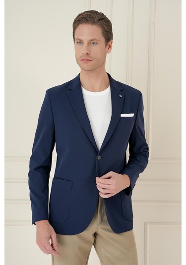 Slim Fit Torba Cep Esnek Spandex Karışımlı Düz Lacivert Blazer Ceket C 696 Lacivert