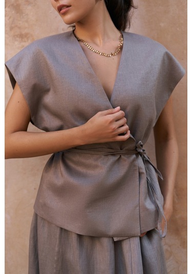 Fiametta Salaş Füme Keten Yelek Etek Takım Füme