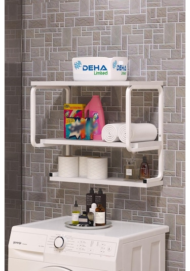 Üç Katlı Klozet Üstü Düzenleyici  Çamaşır Makinesi Duvar Rafı Ban Beyaz