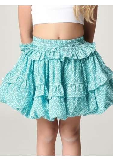 Kız Çocuk Çiçek Desenli Balon Etek-15849 Yeşil