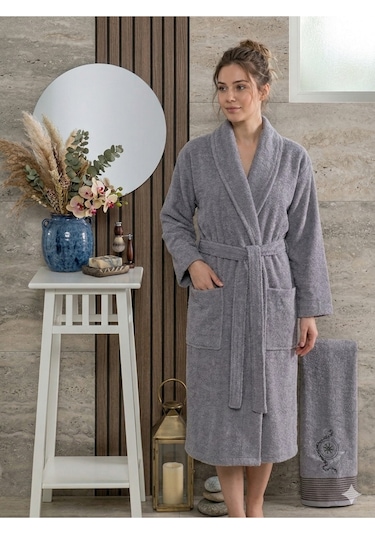 Premium 2'li Aile Bornoz Seti Çeyizlik Pamuklu Hediyelik Banyo Takımı S/m Antrasit