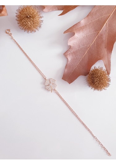 Beyaz Zirkon Taşlı Dört Yapraklı Yonca Bayan Gümüş Bileklik Rose