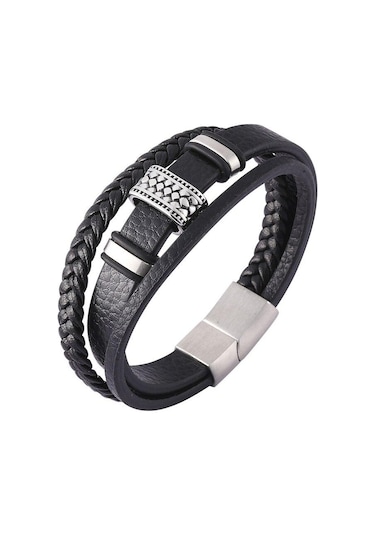 Yeni Moda Erkek Çok Katmanlı Örgülü Deri Bileklikler Paslanmaz Çelik El Takısı Halat Bileklikler Erkek İçin Bileklik Hediye Siyah
