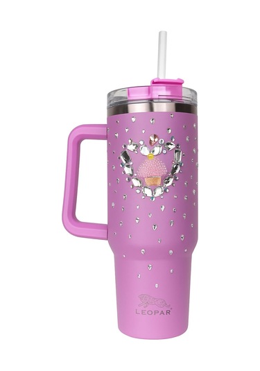 Pipetli 1,2 Litre Kulplu Çelik Termos Renkli Üzeri Taş İşlemeli - Lila Lila