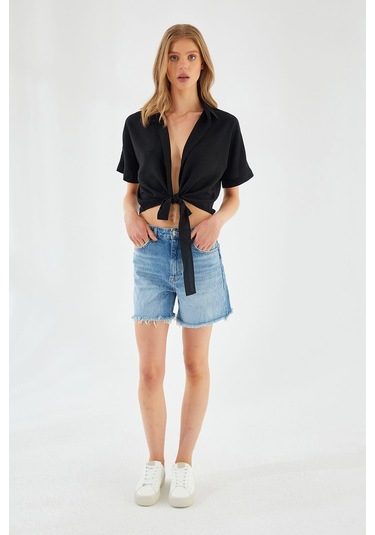 4230 Kadın Bağlamalı Yazlık Keten Gömlek Siyah Siyah