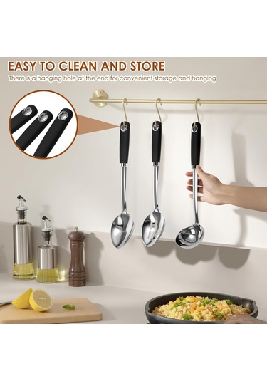 Hfambition Paslanmaz Çelik Mutfak Kaşığı Seti: 3'lü Dayanıklı Servis Ve Pişirme Kaşıkları Gümüş