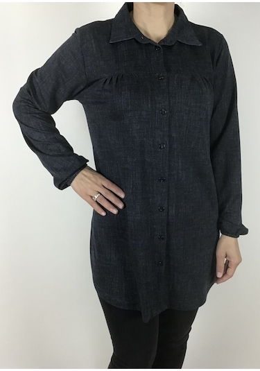 Mevsimlik Kolları Lastikli Boydan Düğmeli Gömlek Antrasit