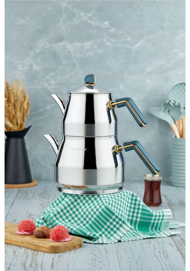 Everest 18/10 Paslanmaz Çelik Aile Boy Çaydanlık 1,40 L Demlik 2,75 L Alt Hazne Yeşil