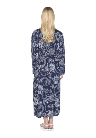 Uzun Kol Şile Bezi Baskılı Uzun Elbise Çınar Desen Lacivert