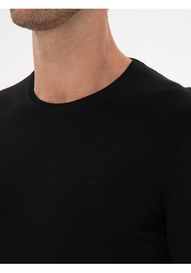 Cacharel Siyah Slim Fit Yün Karışımlı Bisiklet Yaka Basic Triko Kazak